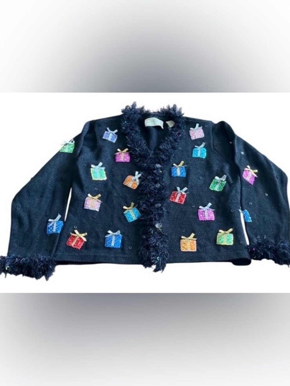 Design Options by Philip & Jane Gordon black Christmas packages sweater size L
